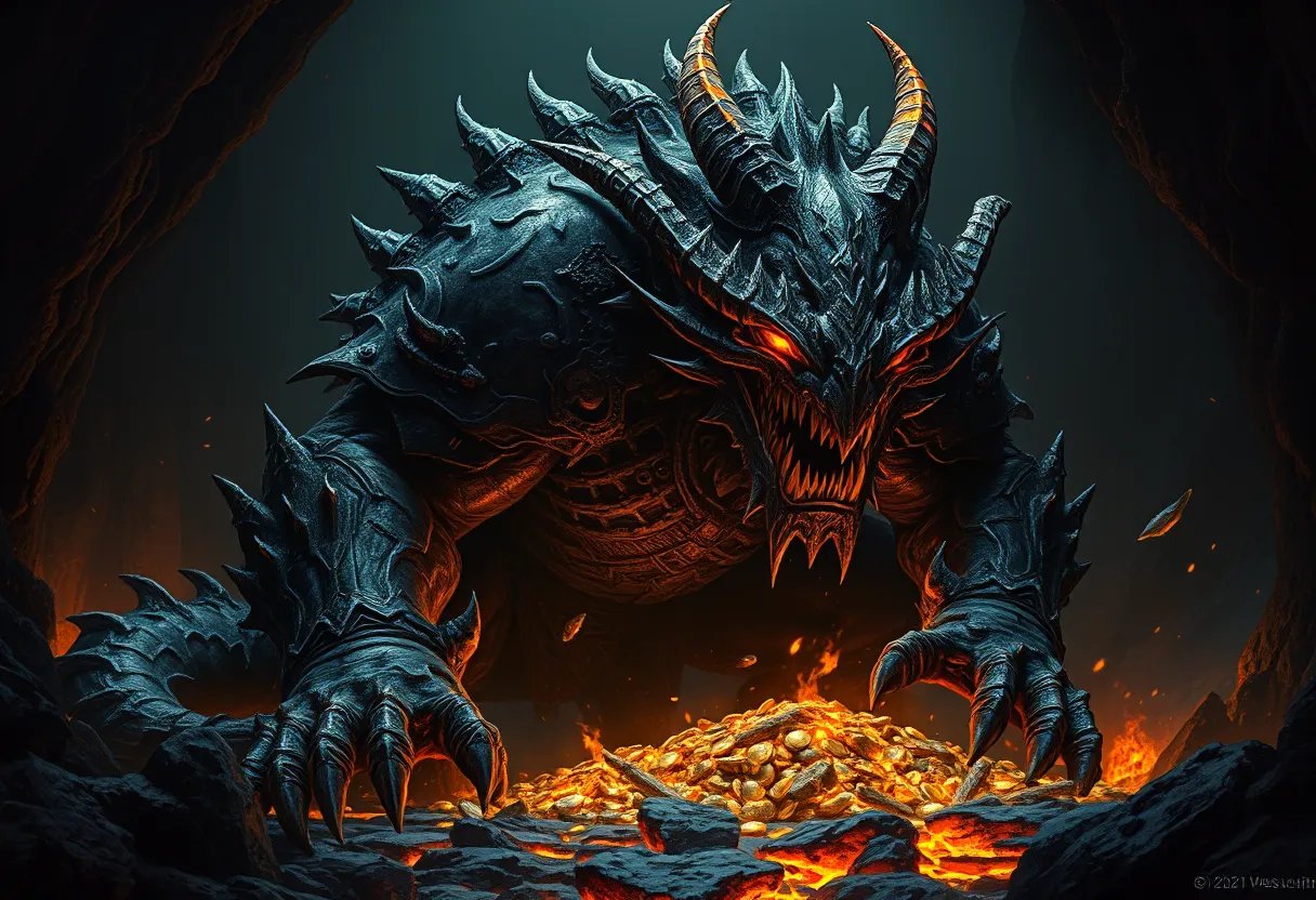 GRENDEL, the armored beast guarding a hoard of gold